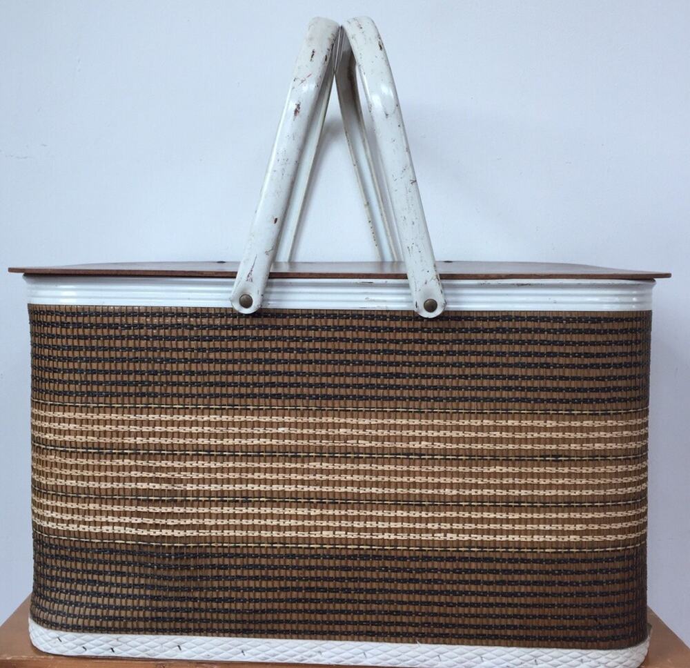 Vintage Redmon Picnic Basket Tartan Brown Stripe Wood Lid Metal Handle Made USA